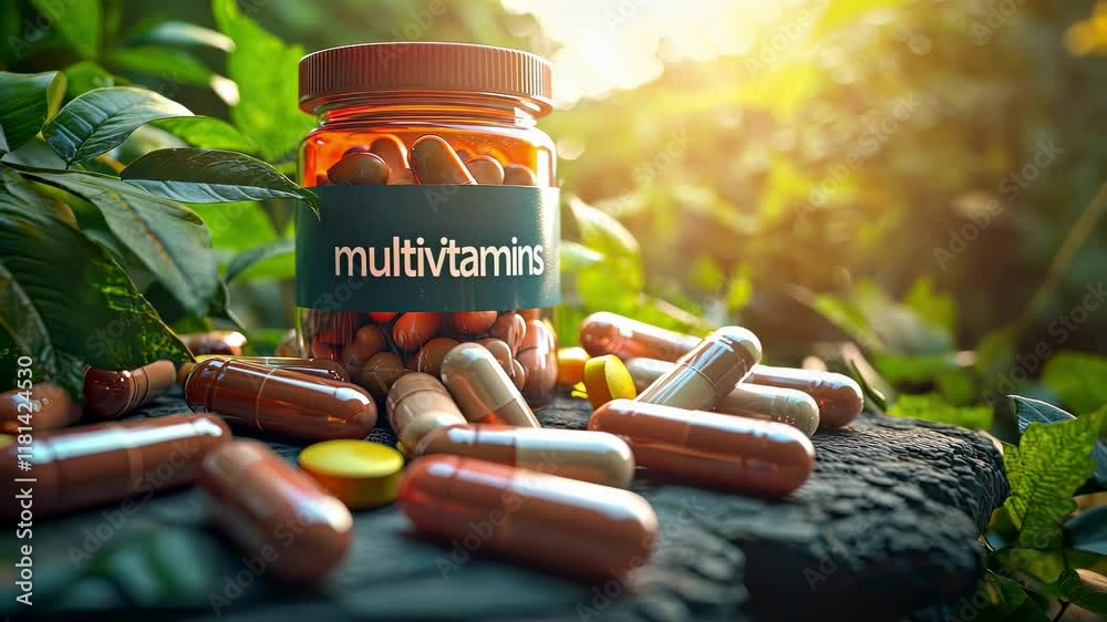jar and multivitamin pills. Selective focus
