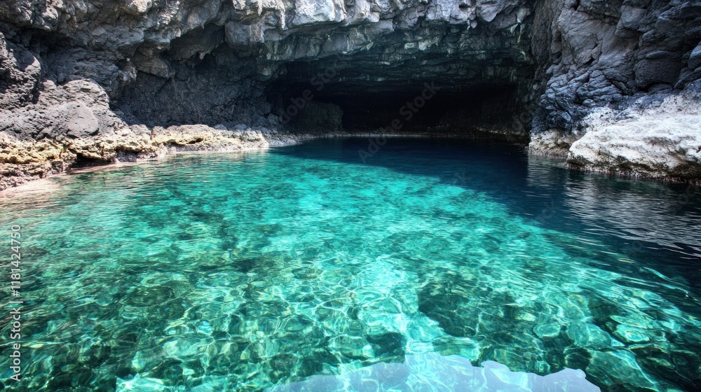 Fototapeta premium Clear water pool at cave entrance, dark rocks, possible tourism or adventure use