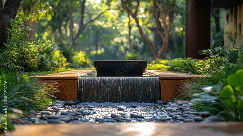Waterscape with black bowls and flowing water in a serene garden setting duri...