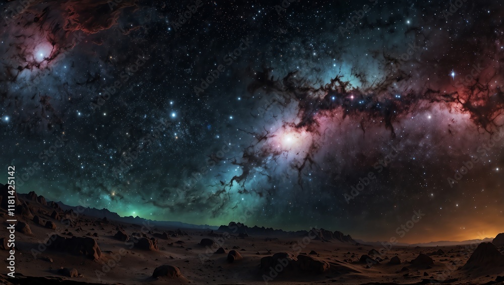 Fototapeta premium 360 degree equirectangular projection space background with nebula and stars, environment map. HDRI spherical panorama