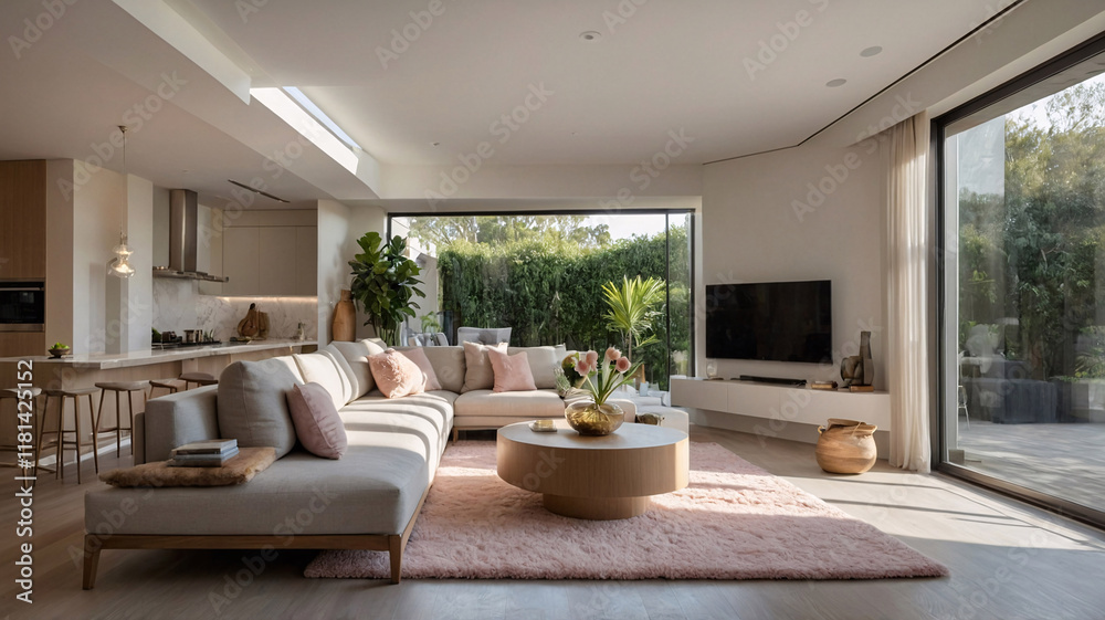 Fototapeta premium Modern living room with pastel pink accents large windows sleek couch and fresh green plants creating an open and airy atmosphere Contemporary Interior Design Livingroom Inspiration