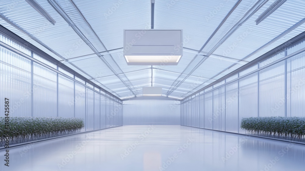 Modern greenhouse interior; plants, reflective floor, minimalist design. Modern greenhouse interior; plants, reflective floor, minimalist design.