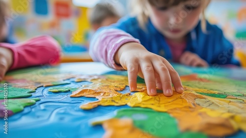 Child with autism learning geography tracing raised features on tactile map classmates seated at table around him