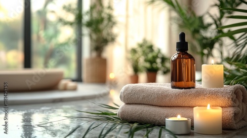 Relaxing spa setup with essential oil and candles in serene indoor space