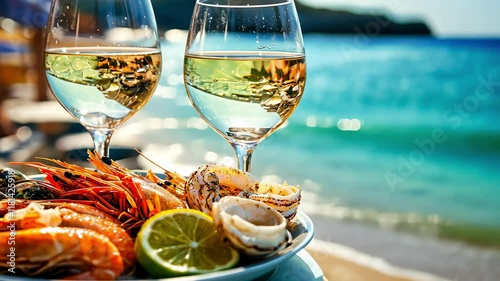 shrimp wine seafood on the beach background. selective focus