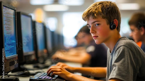 Boy with hearing aid typing at keyboard in computer science lab code on monitors surrounded by classmates in bright lighting