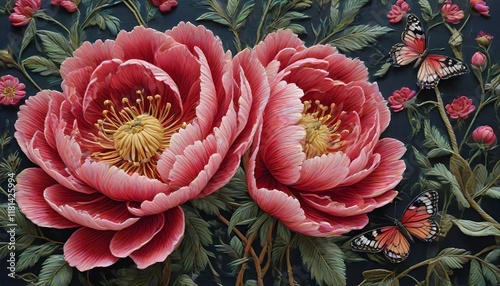 Peony Flowers on Embroidery Art