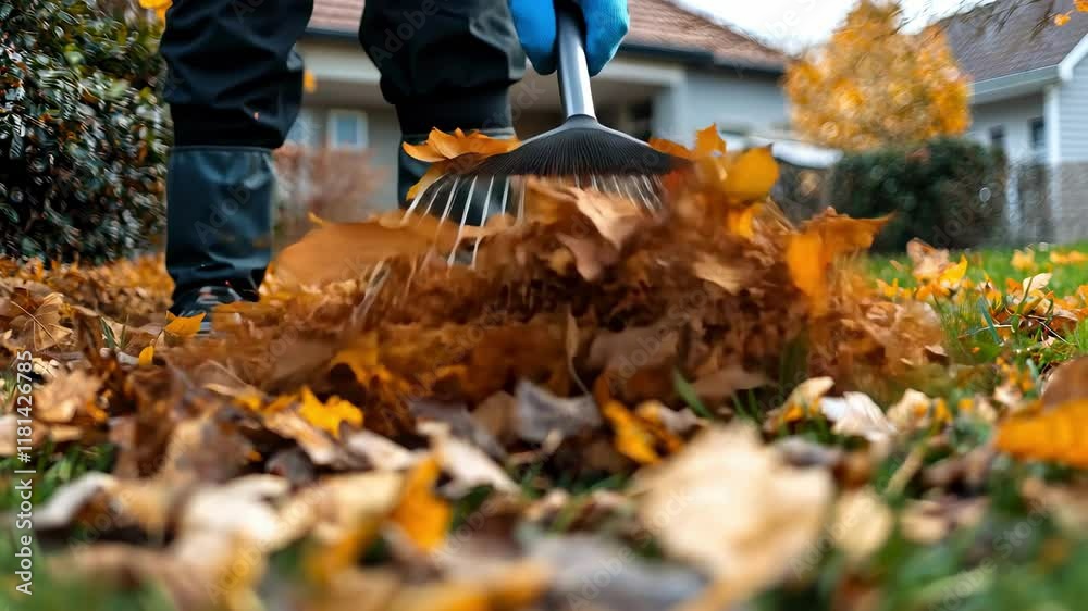 a man cleans autumn leaves near the house. Selective focus a man cleans autumn leaves near the house. Selective focus