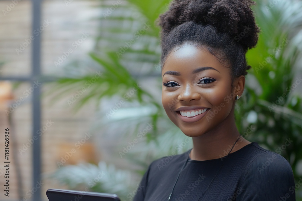 Office, black woman and smile with tablet for connection, software update and confidence for career. Happy, female person and web designer with digital for app notification, design tools and review Office, black woman and smile with tablet for connection, software update and confidence for career. Happy, female person and web designer with digital for app notification, design tools and review