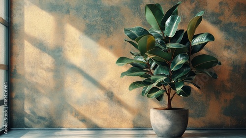 Indoor potted plant positioned near a sunlit window casting shadows on the te...
