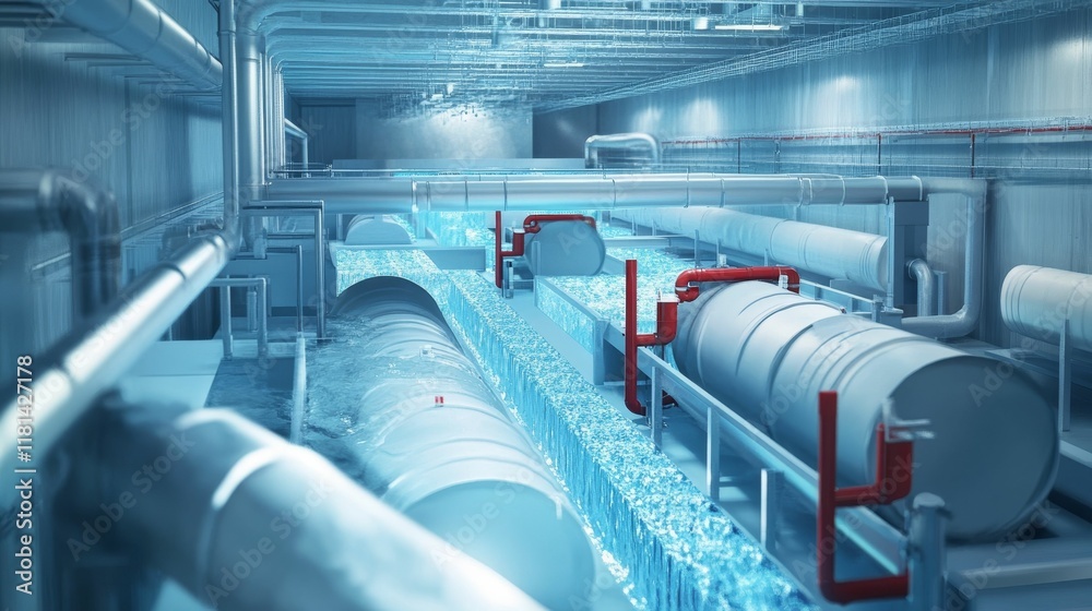 Obraz premium Industrial facility, water flowing, pipes, tanks, equipment.