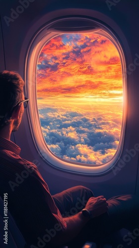 View from an airplane window at sunset with a person observing colorful clouds