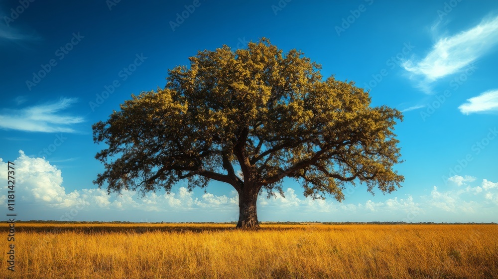 Fototapeta premium Tall oak tree stands alone in a golden field under a clear blue sky during a sunny day