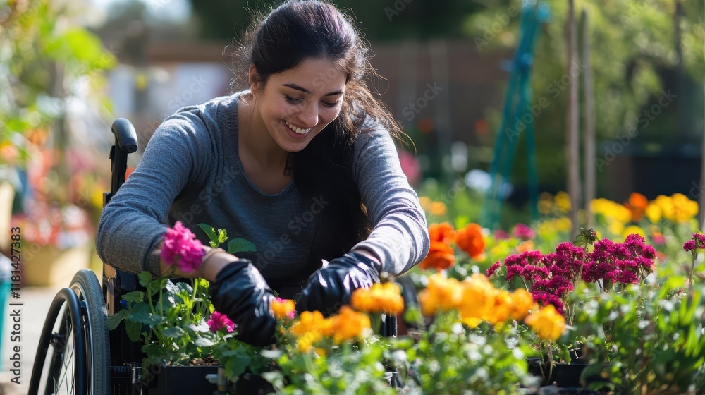 A young woman with muscular dystrophy in a wheelchair planting flowers in a vibrant community garden A young woman with muscular dystrophy in a wheelchair planting flowers in a vibrant community garden