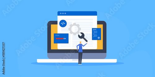 Software update, website coding maintenance, app development information technology concept, Vector banner including character people.
