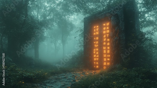 Mysterious ancient ruins with glowing symbols in a foggy forest at dusk