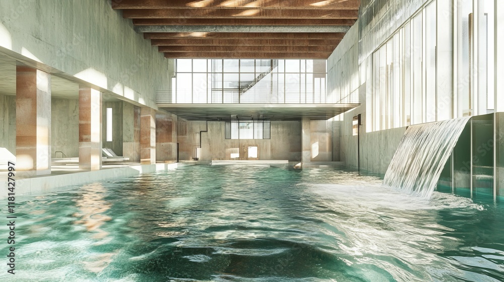 Indoor pool, waterfall feature, minimalist architecture, sunlit. Indoor pool, waterfall feature, minimalist architecture, sunlit.