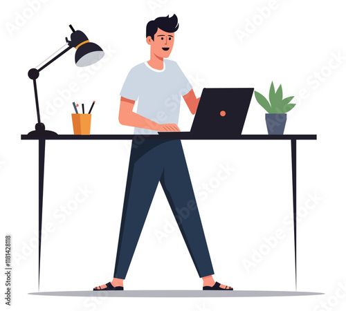 Man Working on Laptop at Standing Desk Vector Illustration