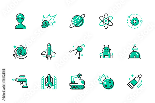 Space and planetary exploration - set of line design style icons