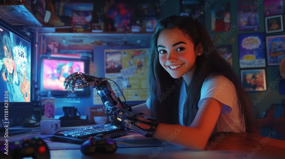 A teenage girl with a robotic arm smiling as she plays a video game dim room with gaming posters around her A teenage girl with a robotic arm smiling as she plays a video game dim room with gaming posters around her