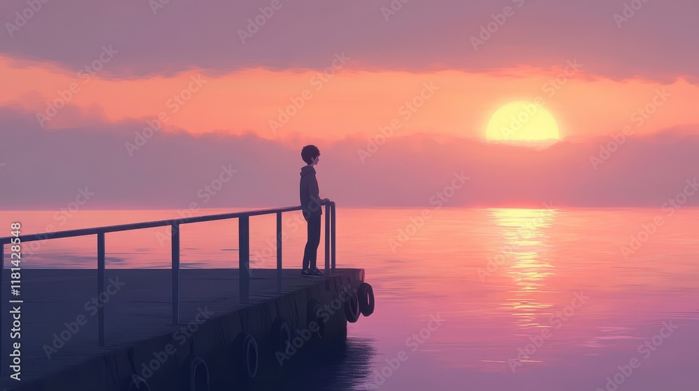Fototapeta premium A teenage boy with a hearing aid walks along a pier at sunrise looking out over the calm sea with soft orange and pink skies ahead
