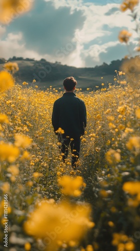 Person walking through a field of yellow flowers on a sunny day in a rural la...