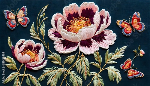 Peony Flowers on Embroidery Art