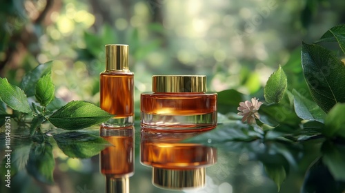 Natural skincare products displayed among lush greenery in a serene forest se...