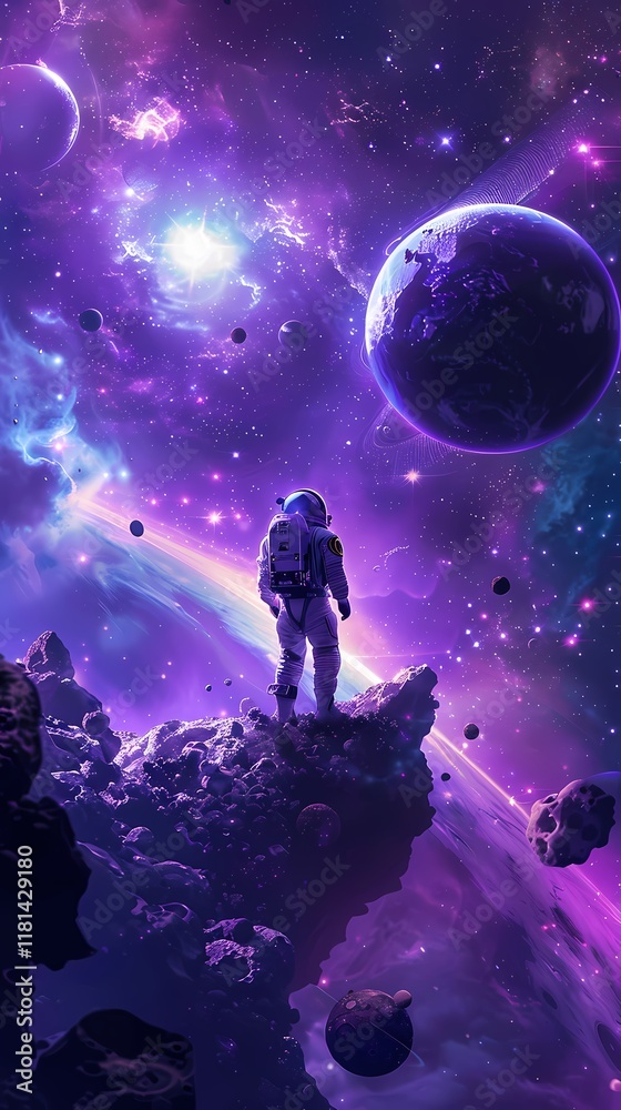 Obraz premium Digital technology blue and purple space astronaut poster background