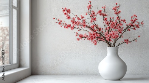 Elegant arrangement of pink blossoms in a minimalist vase on a wooden table