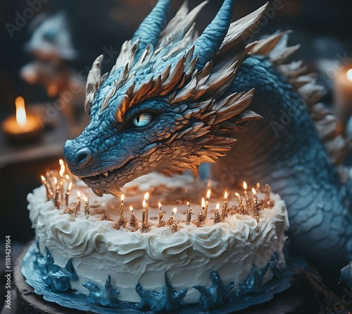 Blue dragon cake topper on birthday cake with candles. photo