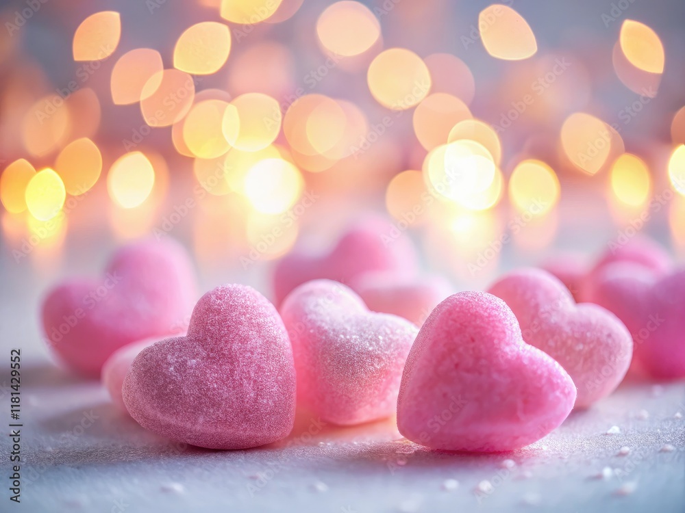 Obraz premium Close-up macro shot of glowing pink heart candies on a white surface against a dark background; perfect for Valentine's Day.
