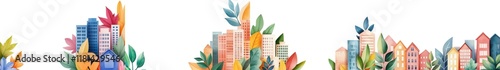 Watercolor of eco-friendly concept, vibrant collection of abstract buildings and flowers, showcasing unique architecture in a colorful and artistic design. Isolate on white background set