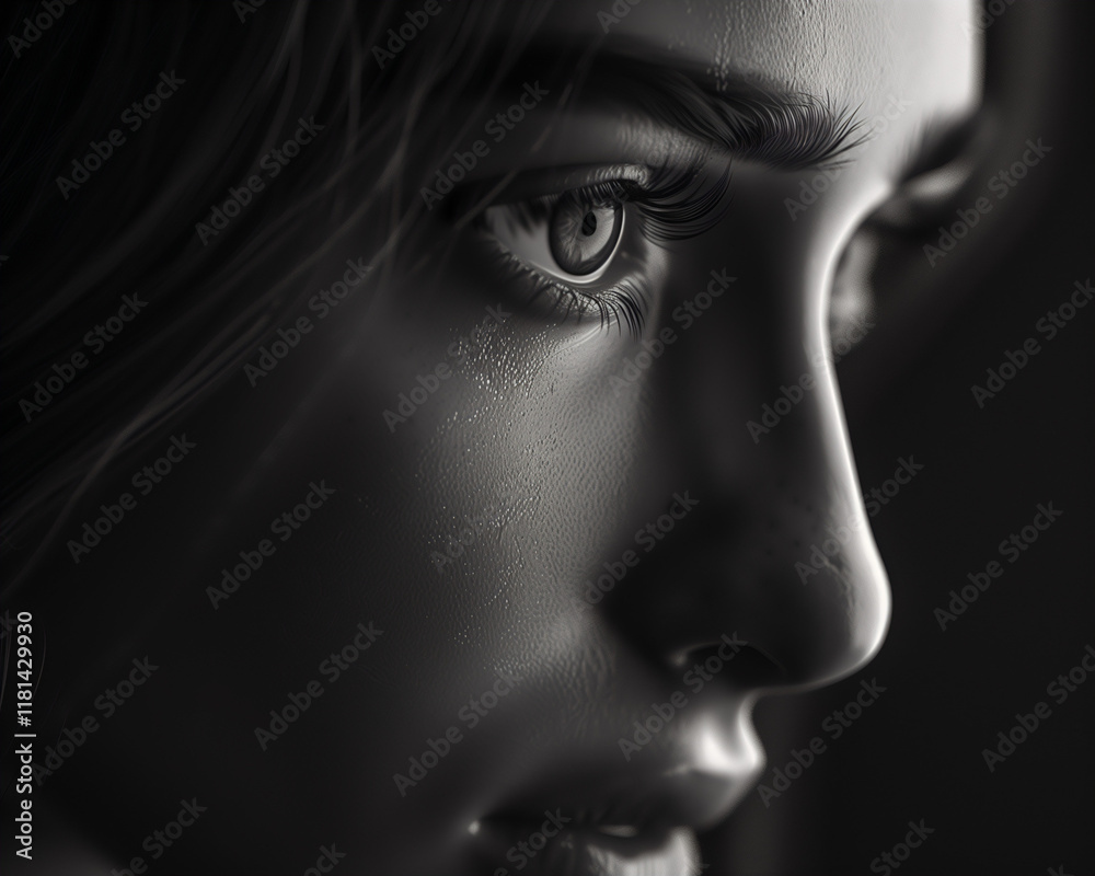 Fototapeta premium Detailed Black and White 3D Illustration of a Woman's Face with Expressive Eyes, Perfect for Art and Design Projects