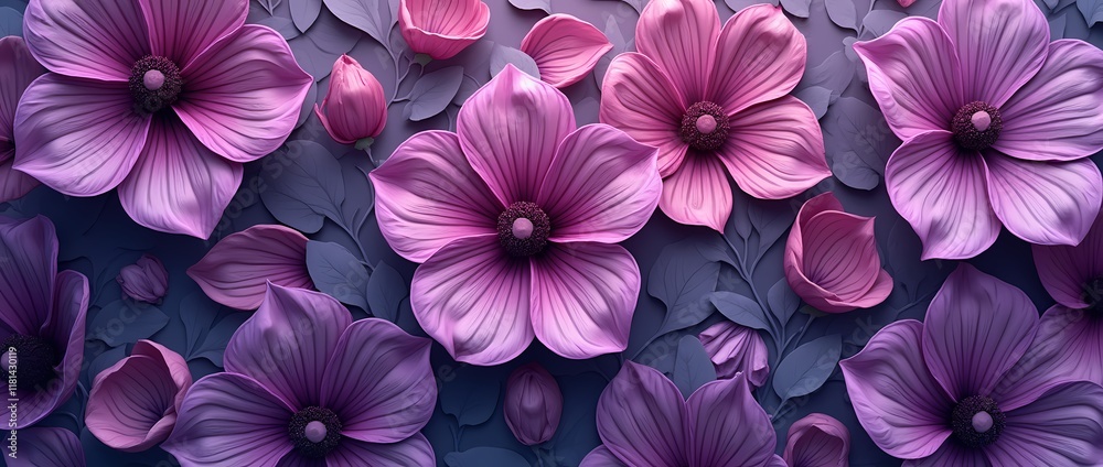 Seamless purple pattern of flowers and leaves