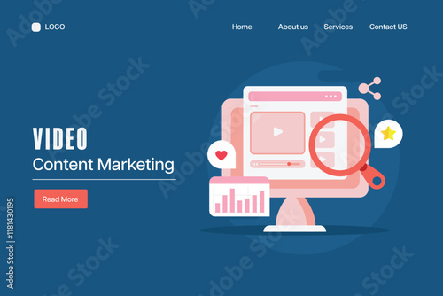 Video sharing on social media, publish video content on internet, digital marketing analytics graph, video search concept. Vector banner.
