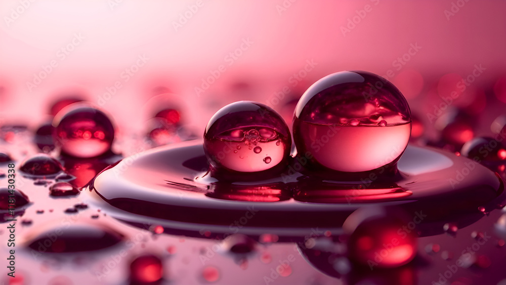 Abstract Background. A close-up image that captures intricate details of water droplets on a surface, in burgundy and red shades.