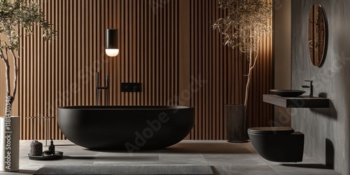 Modern Dark Bathroom Interior Design With Wooden Accents