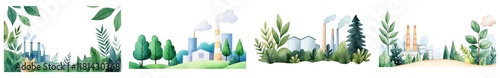 Watercolor of eco-friendly concept, AI-driven green factories offering tailored environmental solutions, Isolate on white background set