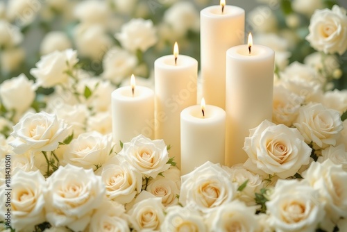 White roses arrangement with peaceful mood, highlighting flickering candles, against a soft floral background