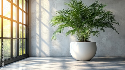 Sunlight flooding a modern room with a large green plant in a white pot near ...