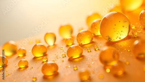 Obraz na płótnie Abstract Background. A close-up image that captures intricate details of water droplets on a surface, in yellow and amber shades. w salonie