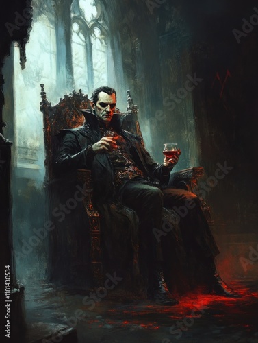 A Vampire Lord, cloaked in shadow, reclines on his gothic throne, sipping from a goblet of crimson, his gaze as cold as the stone walls around him in the dim chamber,