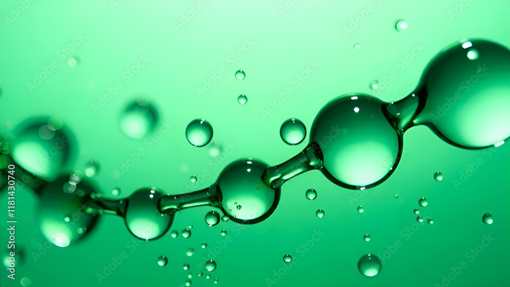 Abstract Background. A close-up image that captures intricate details of water droplets on a surface, in green shades.