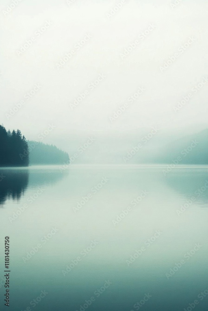Fototapeta premium A serene misty lake surrounded by trees and mountains.