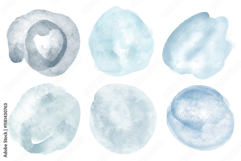 Fototapeta premium Set of cold tone watercolor hand painted round shapes, stains, circles, blobs isolated on white. Elements for artistic design