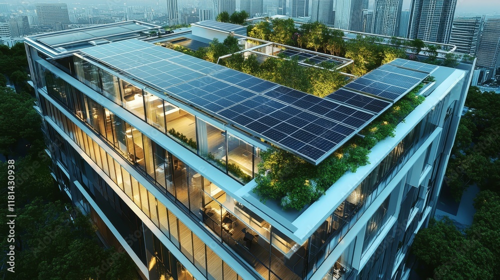 Modern building; solar panels; green roof; city view. Modern building; solar panels; green roof; city view.