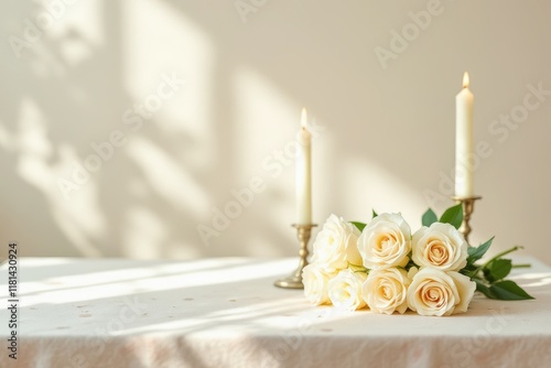 Delicate white roses with lit candles, serene mood, enhancing a peaceful gathering, softly illuminated background