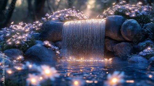 Serene garden fountain surrounded by blooming flowers at sunset