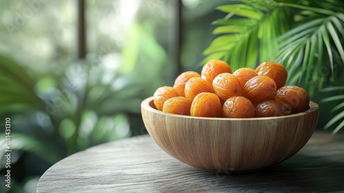 Golden Dates in Wooden Bowl, Tropical Setting